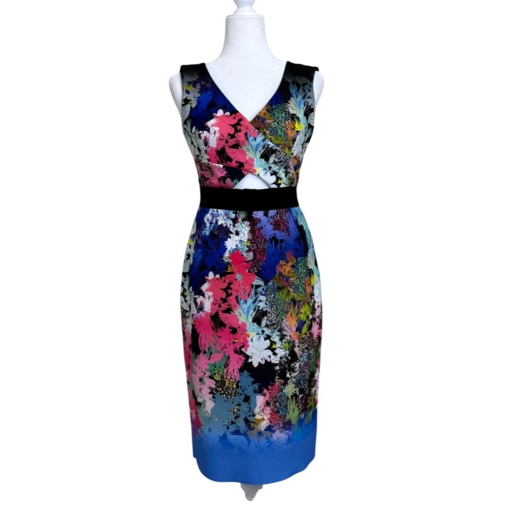 Milly Womens Size 2 Dress Sleeveless Scuba Colorful Floral V-Neck Garden Cut-Out
